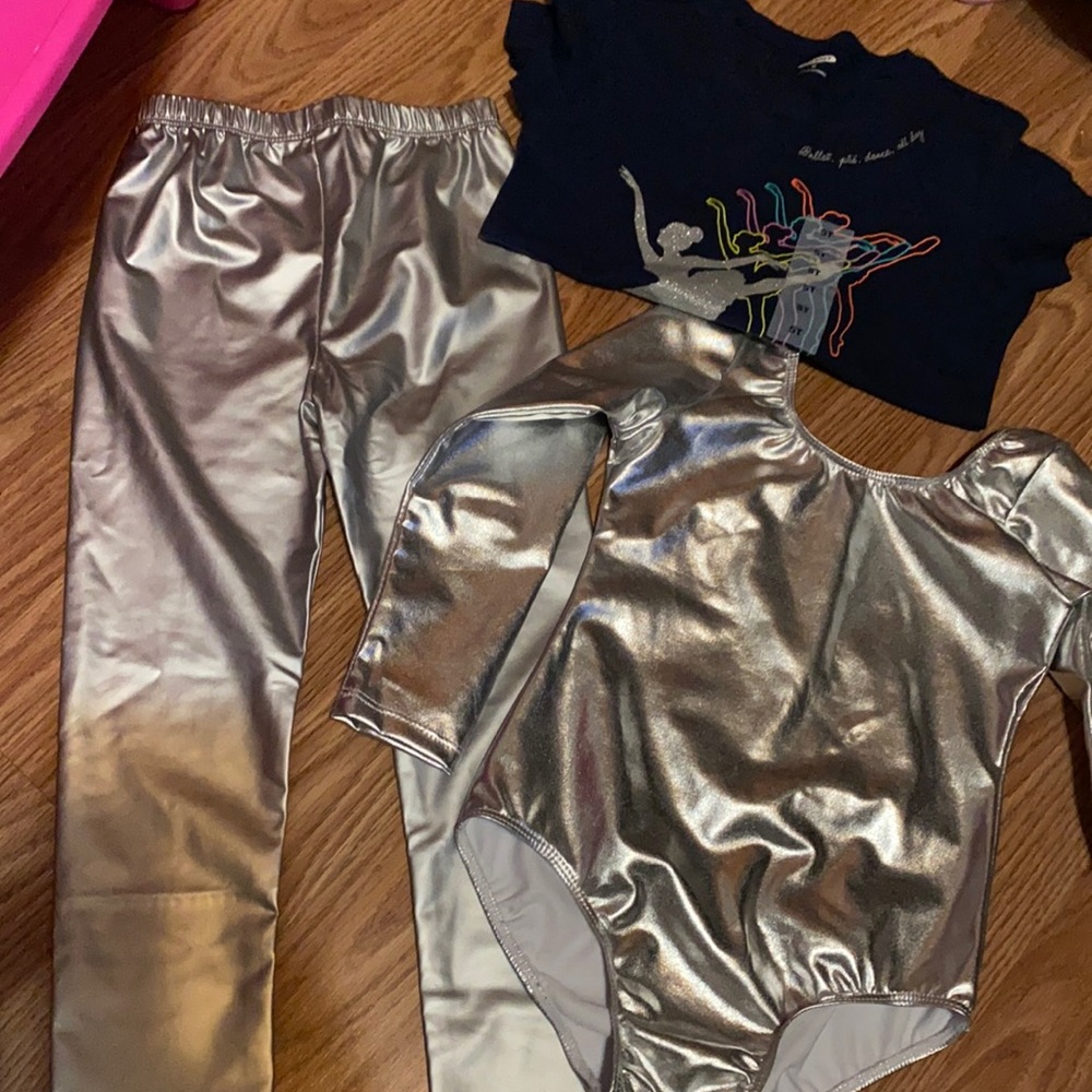 Lot of 3 - metallic leggings, leotard and tshirt